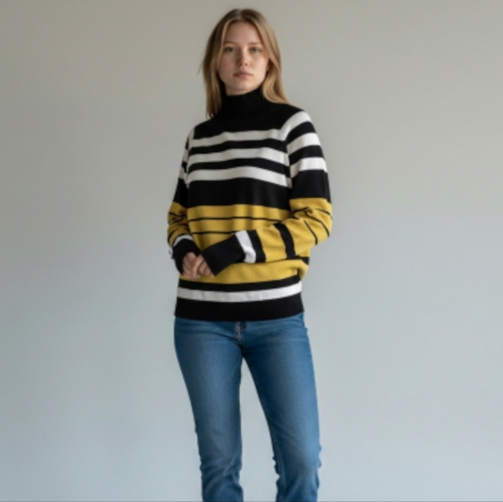 Joseph A. Striped Blacl Yellow Mock Neck Sweater Lightweight Size Small Soft